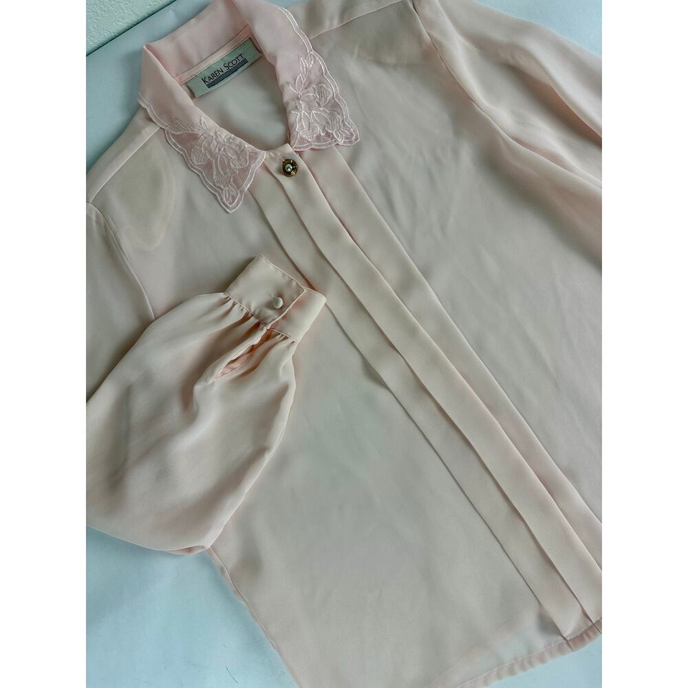 Vintage Sheer Pink Lace Embroidered Collar Shirt Blouse Size 10 Medium Romantic - Picture 2 of 8